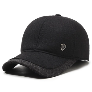 Men's winter herringbone baseball cap with ear protection and metal shield badge