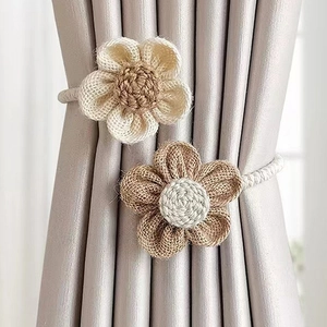 Curtain Tiebacks Handmade Burlap Flower Wood Bead Artificial Pearls Decorative Holdbacks Home Window Decor Rustic Boho Style