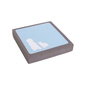 Square pet hair removal sponge for sofas and carpets with a blue dog and cat pattern