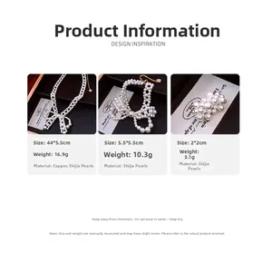 Detail view of pearl bow jewelry set including necklace and bracelet with dimensions