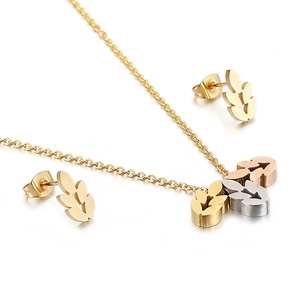 Three-tone geometric leaf pendant necklace and gold stud earrings jewelry set for women