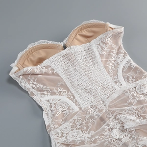 Détail de robe en dentelle blanche montrant les bonnets et la maille fine