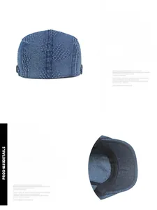 Detail view of denim newsboy cap showing adjustable metal buckle and worn texture