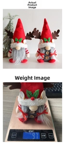 Detail view of plush Christmas gnomes with reindeer antlers showing 97g product weight