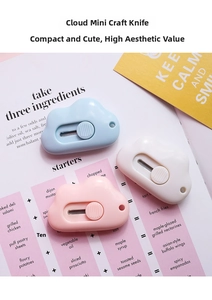 Close-up of cloud-shaped mini utility knives in blue, pink, and white for daily use