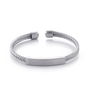 Men Stainless Steel Woven Cable Cuff Bracelet Twisted Wire Open Bangle With Blank ID Plate Industrial Style