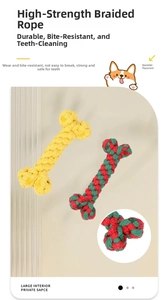 Detail of durable braided cotton dog rope toy showing high-strength bone-shaped weave