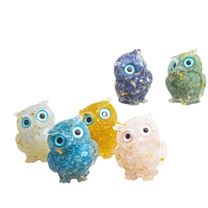Set of six colorful crystal owl figurines with gold foil inlays for desk decoration