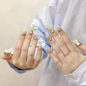 Handmade green gradient coffin press-on nails with 3D rose and rhinestone accents