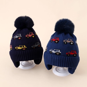 Winter fleece-lined knit earflap hats for boys with colorful jacquard car patterns