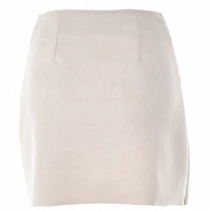 Detail shot of the beige faux suede mini skirt fabric texture and waist stitching