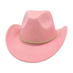 Detailed view of pink felt cowboy hat with sparkling gold braided decorative band