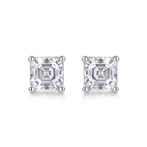 Macro shot of silver four-prong square cut stud earrings on white background