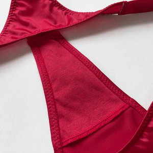 Red gradient rhinestone thong with satin texture and mesh lining for fitness and sports