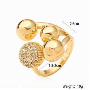 Irregular geometric open ring with polished metal spheres and cubic zirconia pavé ball