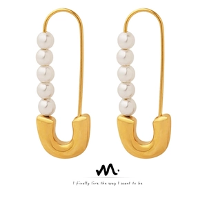 Safety Pin Drop Earrings Titanium Stainless Steel With Imitation Artificial Pearl 18K Gold Plated Minimalist Vintage Jewelry For Women