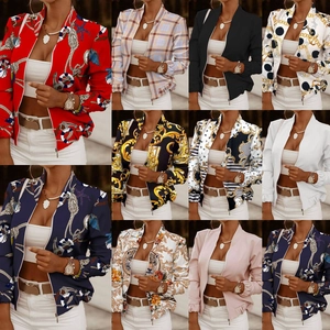 Women's slim fit zip-up jacket in multiple prints including floral, leopard, and navy patterns