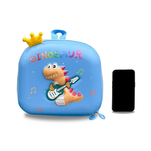 Blue dinosaur hardshell toddler backpack with 3D music graphics and a yellow crown accent