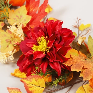 Artificial maple leaf rattan with dark red dahlia and warm orange fall foliage decor