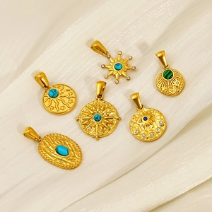 Vintage Boho Pendant Stainless Steel 18K Gold Plated Geometric Sun Star Evil Eye Turquoise Inlaid Jewelry Accessory