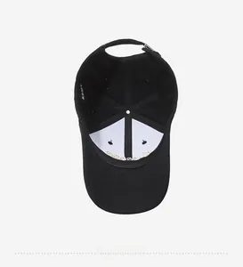 Detailed interior view of a black baseball cap featuring a white front lining and brand label