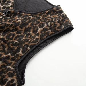 Winter reversible leopard print V-neck cotton vest with plush faux fur and button detail