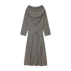 Elegant houndstooth long sleeve midi dress with waist tie and cowl neck design