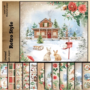 Macro shot of retro Christmas scrapbook paper with vintage winter cottage and rabbit motifs