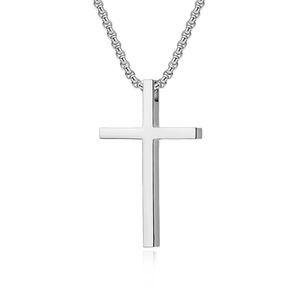 Polished silver titanium steel cross pendant necklace with a box chain on white background