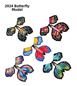 Detailed view of five colorful wind-up flying butterfly toys with vibrant wing patterns