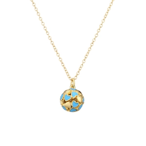 Golden necklace with a spherical hollow pendant featuring colorful blue heart patterns