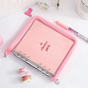 Pink cherry loose-leaf binder journal with PVC zipper case and glitter cherry pattern