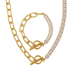 Gold chain jewelry set with rectangle zircon accents and OT toggle clasp closure