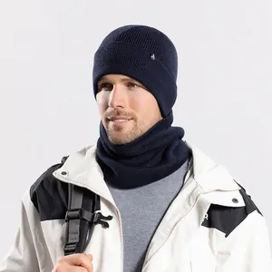 Men's winter knit beanie and neck warmer set in navy blue with thick thermal fleece lining