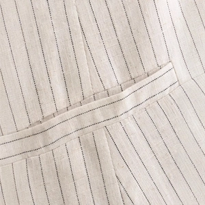 Slim fit striped long vest blazer for women featuring premium beige cotton-linen texture