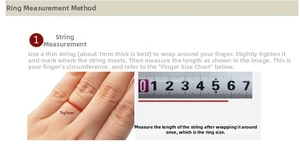 Detailed ring size guide showing measurement steps with string and ruler for men's jewelry