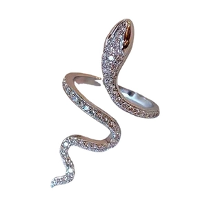 Minimalist silver snake ring with pavé cubic zirconia accents and open adjustable design