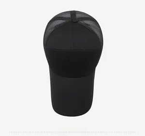 Top view of black baseball mesh cap with long brim and breathable back paneling
