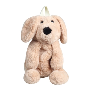Cute light brown plush puppy backpack for toddlers with a soft furry texture and handle