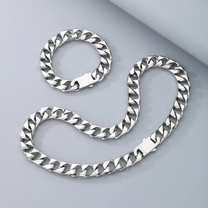 Silver 13mm stainless steel Cuban link chain necklace and bracelet set for men