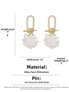 Detail view of pearl flower drop earrings with S925 silver needle and dimensions info