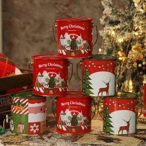 Christmas tin gift buckets with Santa and elk patterns featuring sturdy metal handles