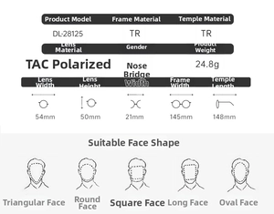Detailed chart showing TR frame dimensions and TAC polarized lenses specs for cat eye sunglasses