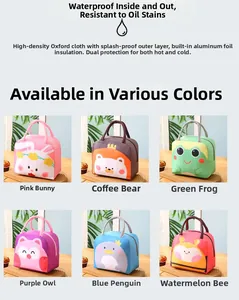 Detail view of waterproof cartoon lunch bags with aluminum foil insulation in six colors