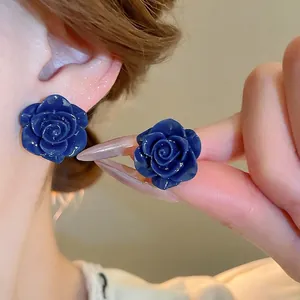Boucles Oreilles Rose Résine Fleur Florale Avec Tige Argent Sterling 925 Bleu Foncé Vintage Bijoux Élégants Pour Femmes