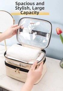 Detail of cream double-layer makeup bag with clear top compartment and travel essentials