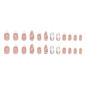 French tip almond press-on nails in nude pink with sparkling rhinestones and 24 pieces