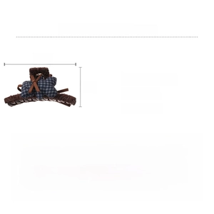 Detail view of 13cm brown fabric hair claw clip with blue plaid bear and dimensions