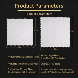 Disposable wet towel 100 pack set showing specification chart and microfiber parameters