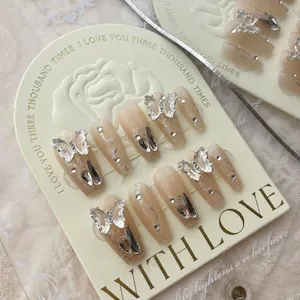 Handmade Press On Nails Long Almond Coffin 3D Butterfly Rhinestone Glitter Nude Gradient French Style Reusable Fake Nails